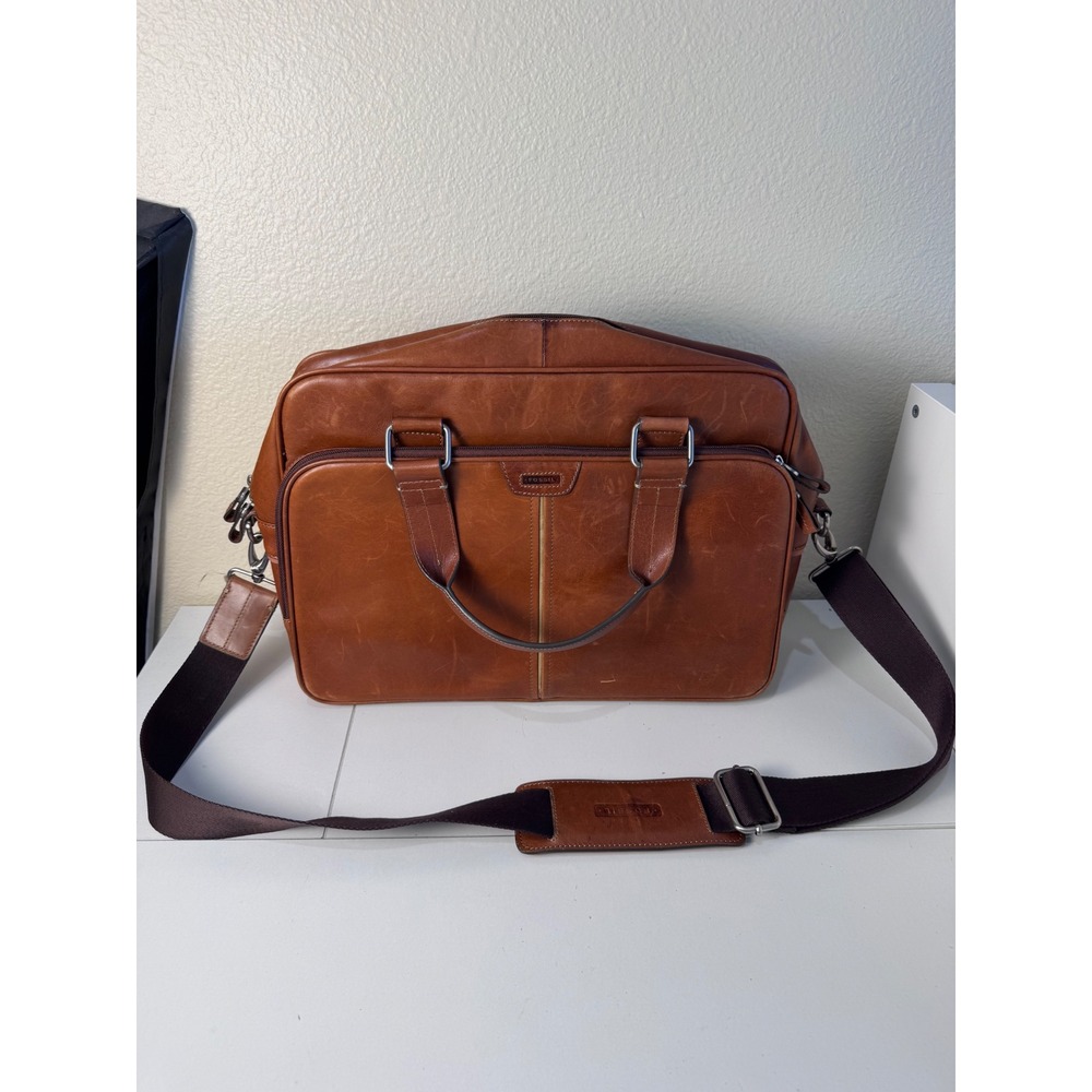 Fossil Leather Messenger Bag Briefcase Brown Large Laptop Crossbody Office